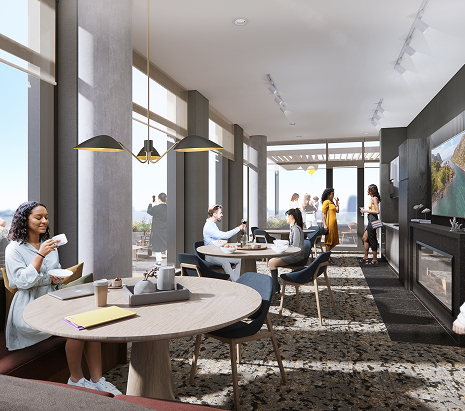 Rendering of The Parkstone Party Room with Entertaining Kitchen, featuring diners seated at tables in a lively atmosphere.