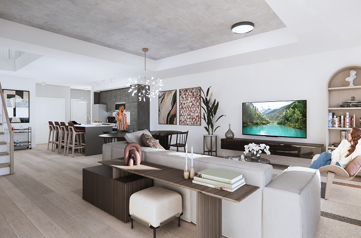 The Parkstone Party Room showcases a living room with a comfortable couch and a television for entertainment.