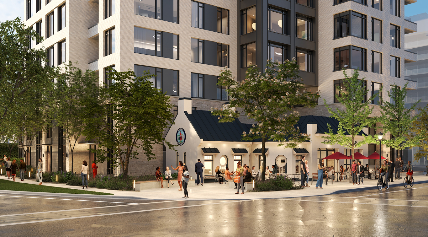 Architectural rendering of The Parkstone by Trinity, a building situated at Island Park and Wellington St.