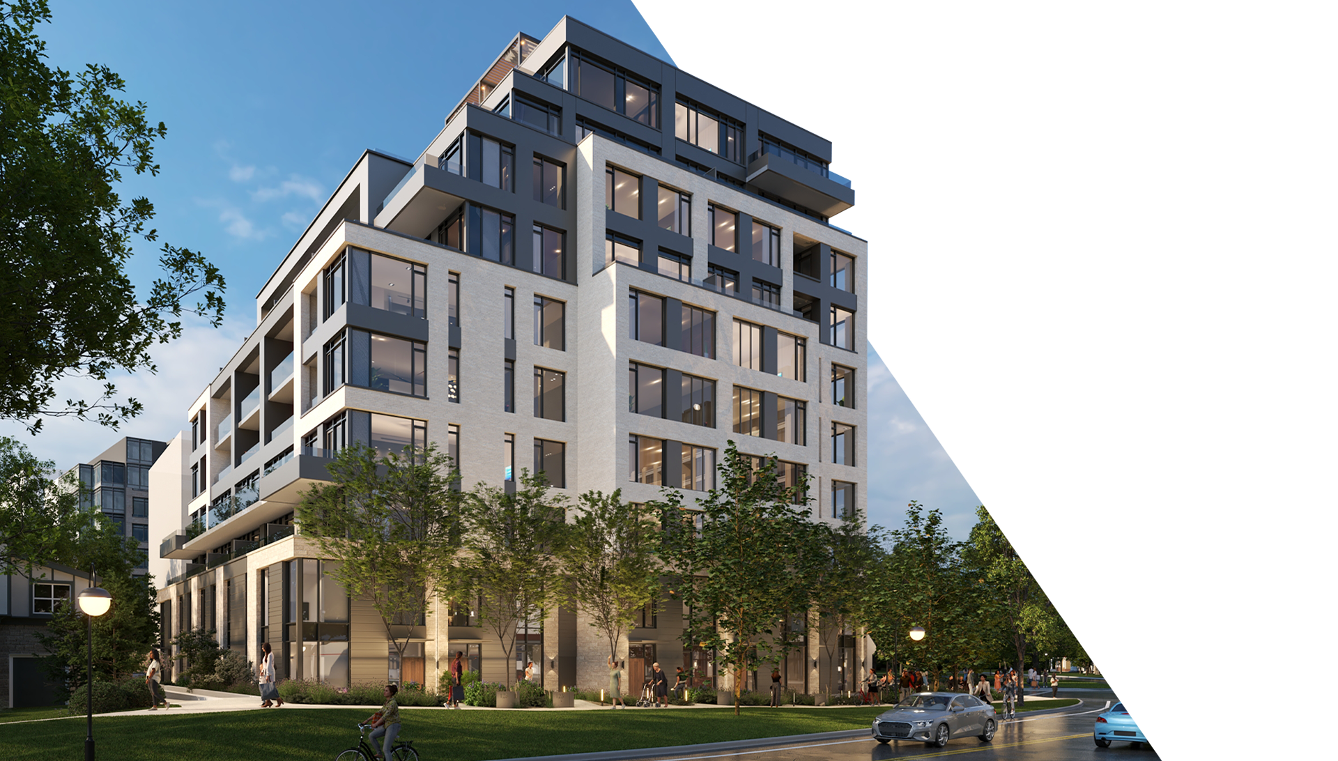 The Parkstone by Trinity building stands prominently at the corner of the street, showcasing modern architecture.