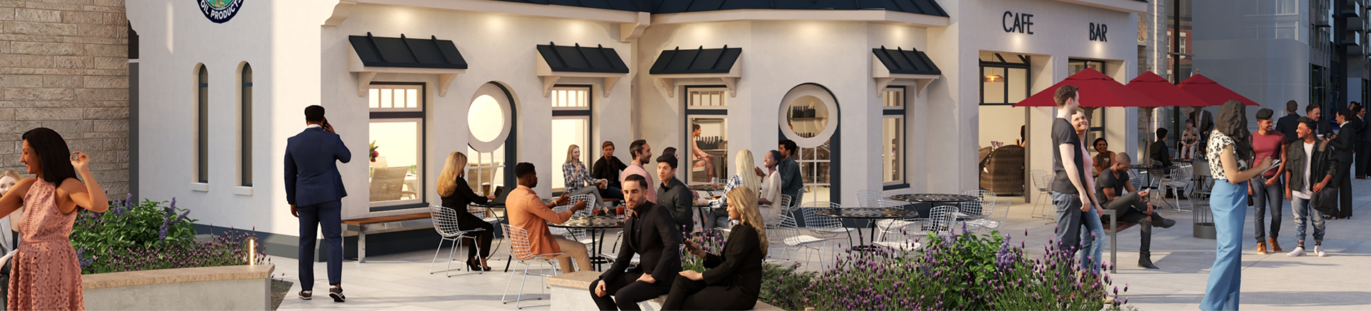 People sitting and walking outside a cafe and bar entrance.